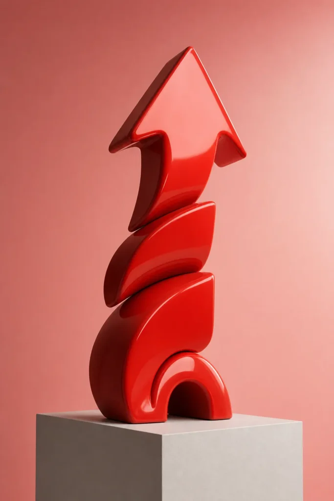 Escultura roja en forma de flecha ascendente sobre un pedestal gris