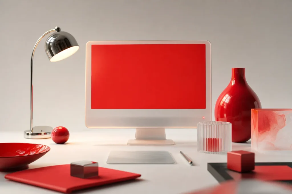 Escritorio de estudio creativo con monitor de cristal, lámpara cromada y objetos rojos