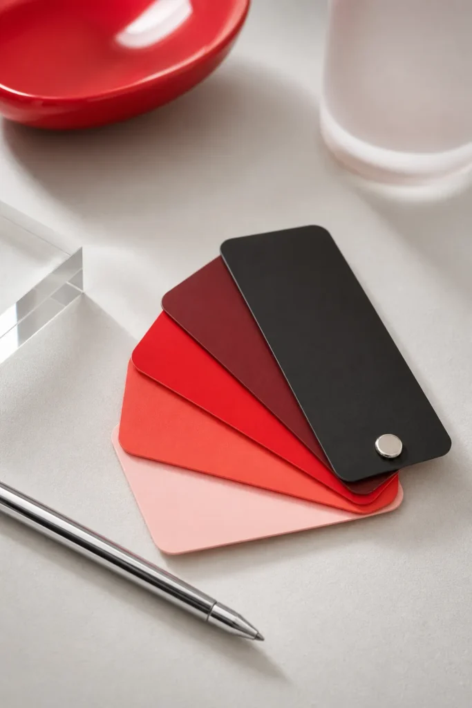 Branding: muestras de color en rojos y grises abiertas en abanico
