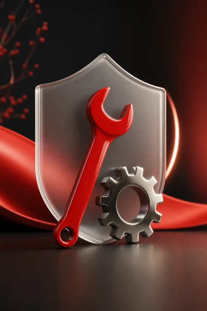 Mantenimiento: llave inglesa roja y engranaje cromado sobre un escudo de cristal