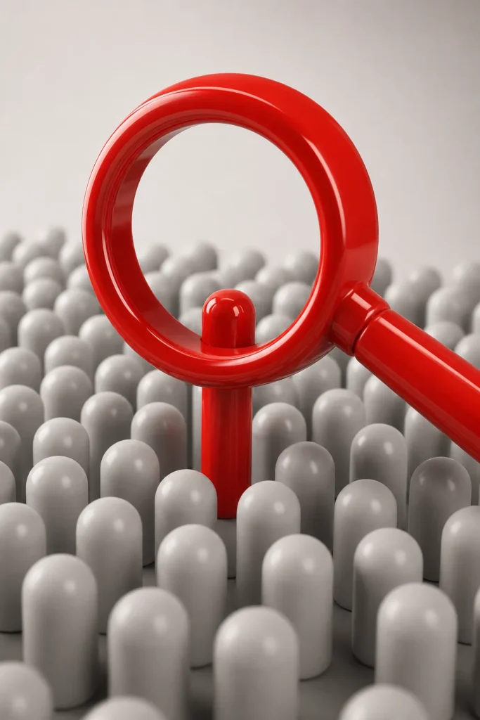 SEO: lupa roja sobre columnas grises, con una columna roja más alta