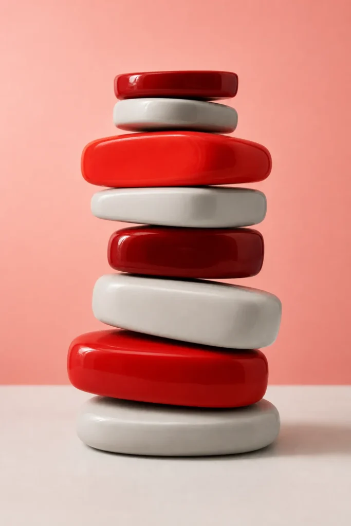 Losas de cerámica roja y gris apiladas en equilibrio