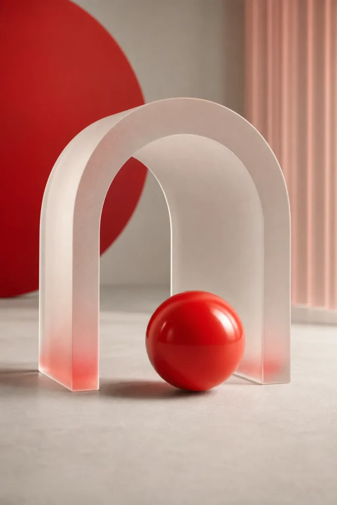Arco de cristal esmerilado con una esfera roja rodando a través
