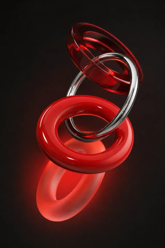 Anillos rojos y cromados entrelazados sobre fondo oscuro