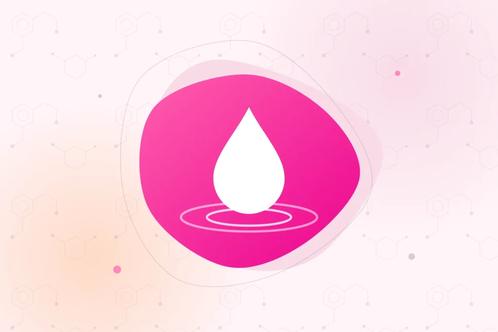 Ilustración: una gota de agua y sus ondas sobre una mancha rosa