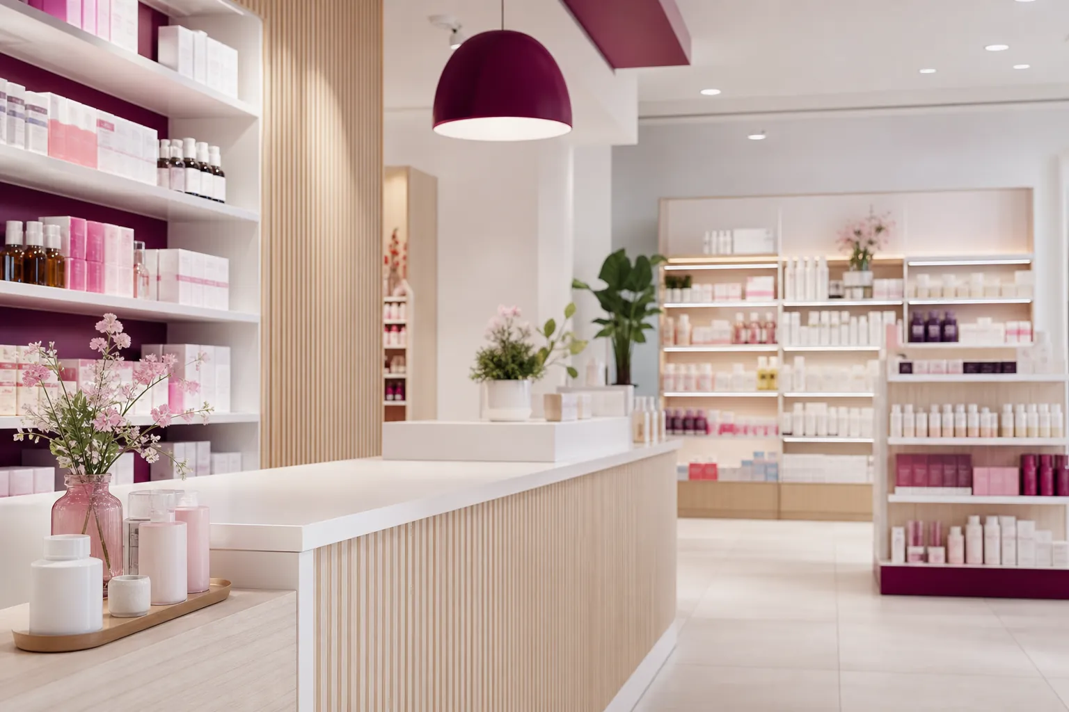 Mostrador de una farmacia moderna con los lineales ordenados por categorías
